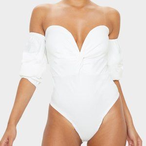 Cream Woven Bardot Ruched Bodysuit US 2